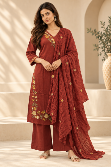 Rust Cotton Flex Floral Embroidered V-Neck Straight Kurta Set with bottom Dupatta