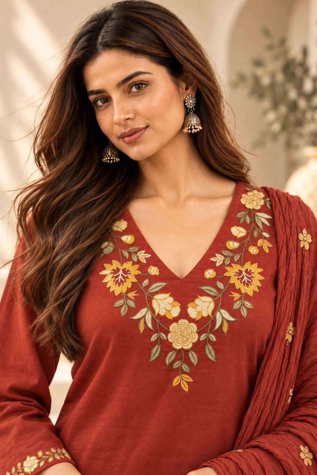 Rust Cotton Flex Floral Embroidered V-Neck Straight Kurta Set with bottom Dupatta
