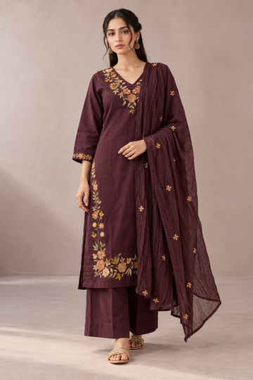 WINE Cotton Flex Floral Embroidered V-Neck Straight Kurta Set with bottom Dupatta
