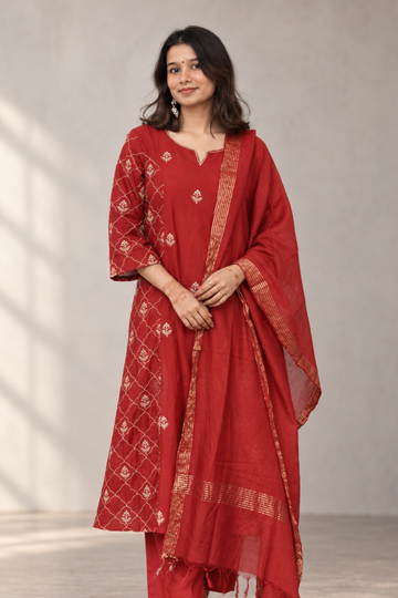 Chery Red with Cotton fabric & White Bandhani Printed Pure Cotton Straight Kurta set with bottom dupatta