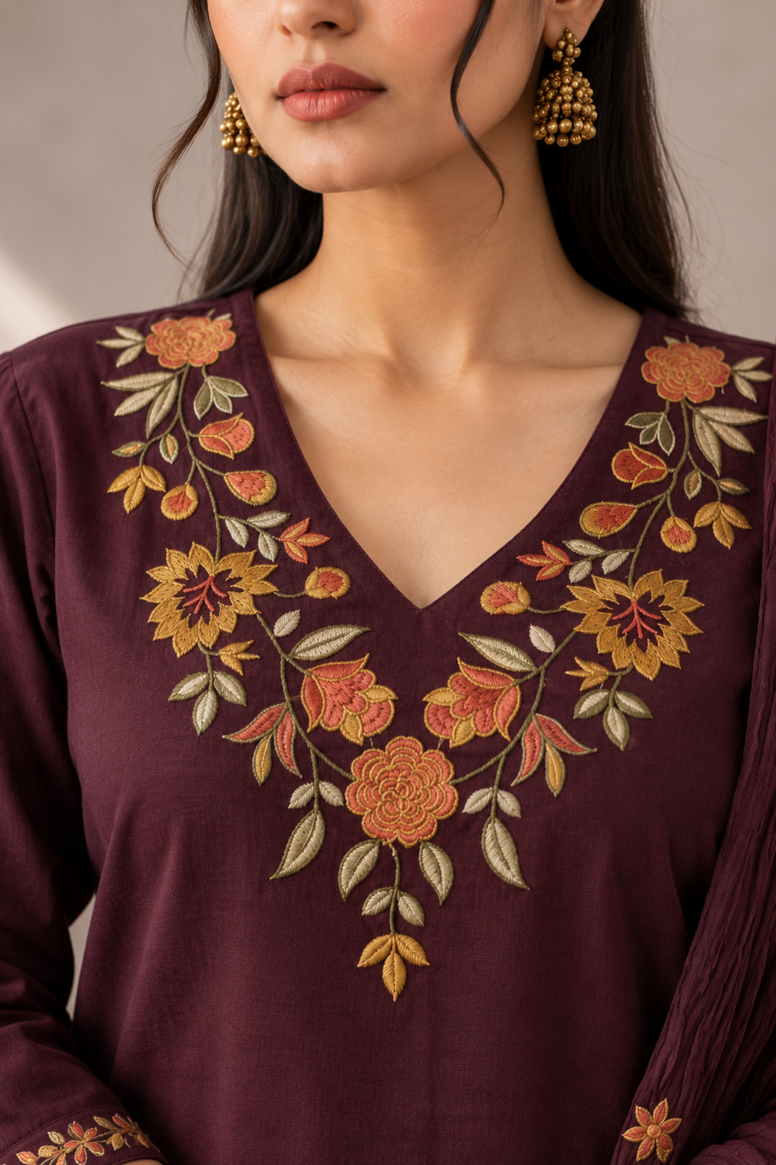 WINE Cotton Flex Floral Embroidered V-Neck Straight Kurta Set with bottom Dupatta