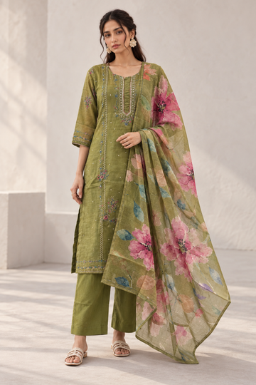 Olive Green with chanderi fabric Floral Embroidered Regular Sequinned Kurta with Trousers & Dupatta