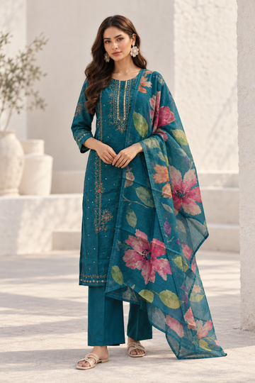 Teal Blue with chanderi fabric Floral Embroidered Regular Sequinned Kurta with Trousers & Dupatta