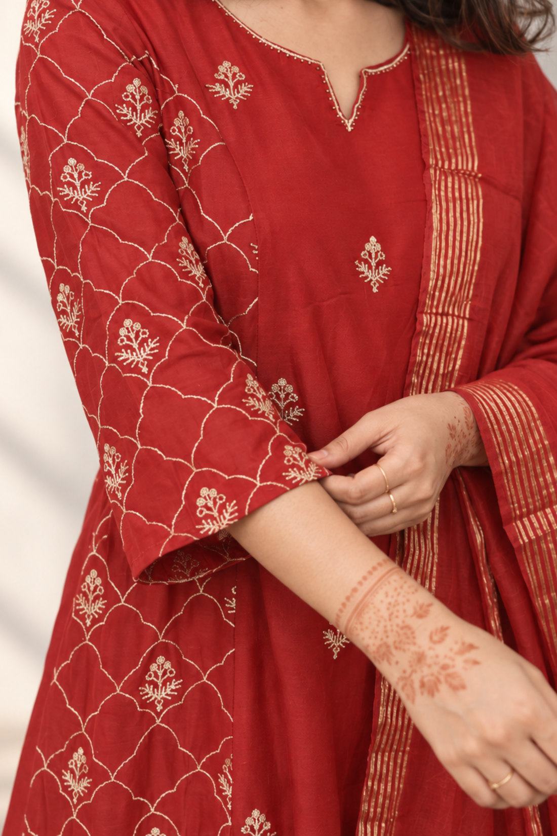 Chery Red with Cotton fabric & White Bandhani Printed Pure Cotton Straight Kurta set with bottom dupatta