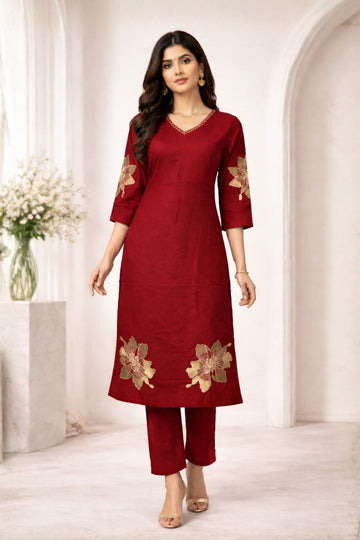 Maroon floral printed co-ord set for women, featuring a patterned top and matching bottoms.