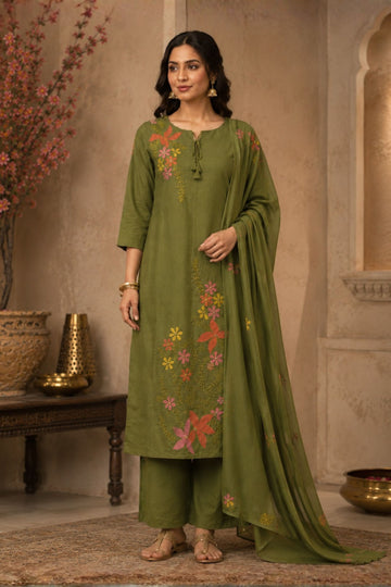 Women's  Green Floral Embroidered Kurta with Straight Pants