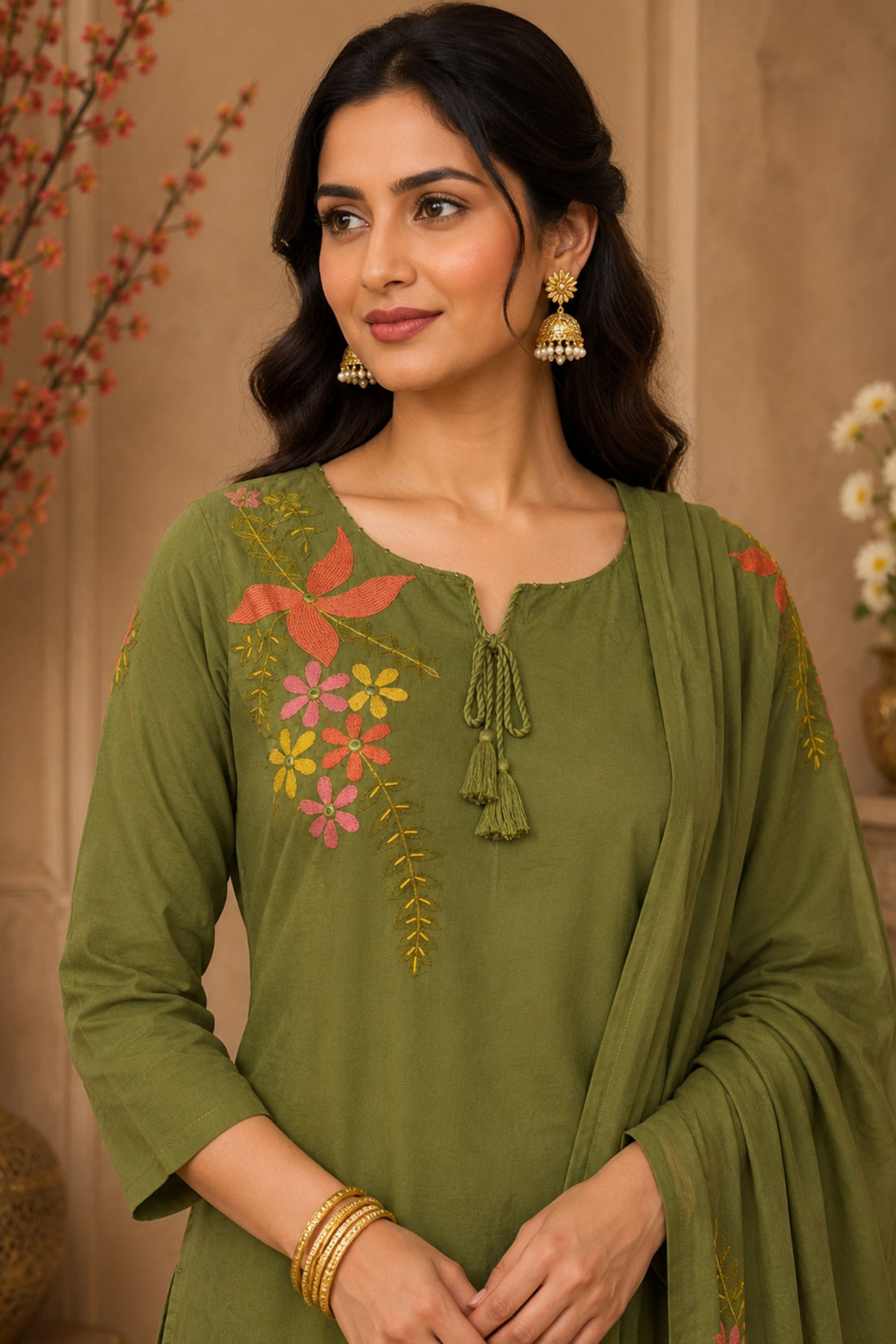 Women's  Green Floral Embroidered Kurta with Straight Pants