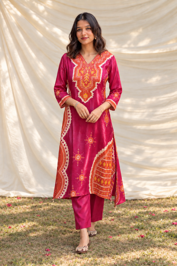 Maroon Modal Fabric Orange Bandhani Print Kurta Set with bottom