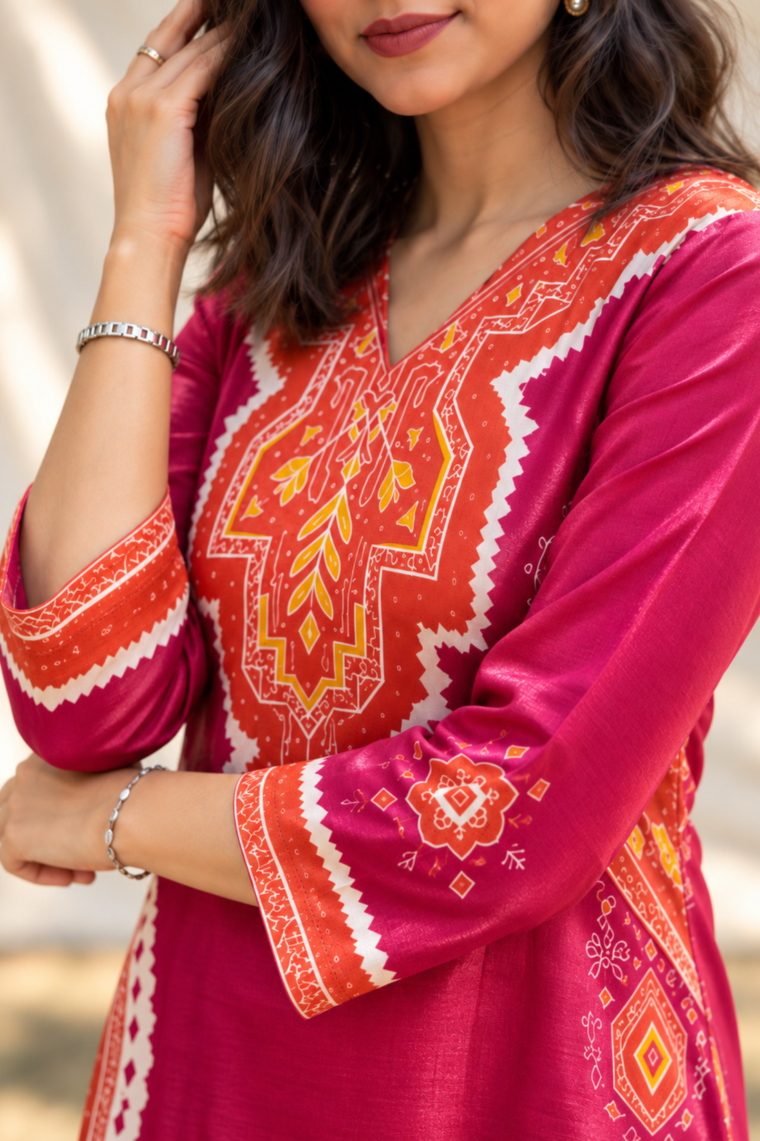 Maroon Modal Fabric Orange Bandhani Print Kurta Set with bottom