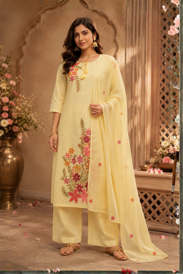 Women's  Beige Floral Embroidered Kurta with Straight Pants