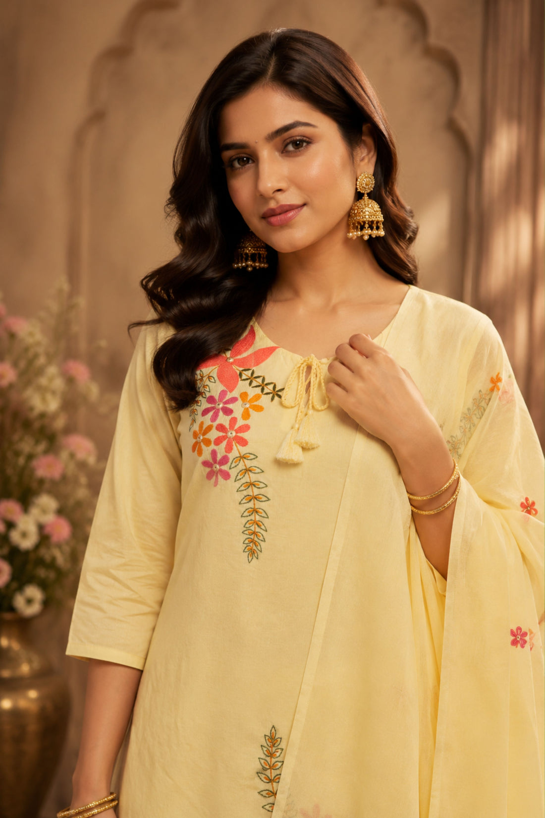 Women's  Beige Floral Embroidered Kurta with Straight Pants