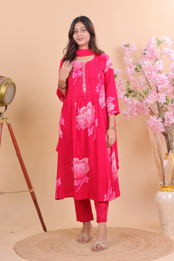 Radiant  Magenta Rayon Floral Suit Set with Dupatta