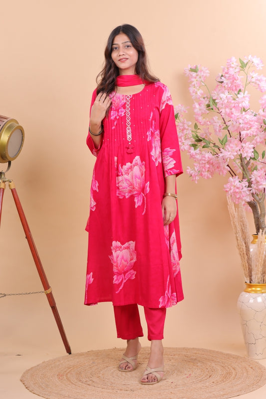 Radiant  Magenta Rayon Floral Suit Set with Dupatta