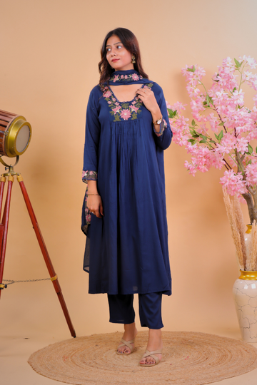 Navy Blue Floral Embroidered Kurta Set with Dupatta