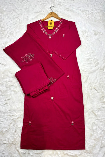 Elegant Pink Cotton Embroidered 3-Piece Suit Set