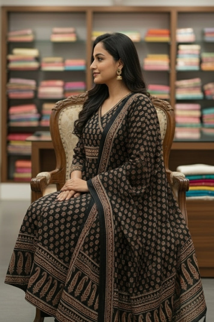Graceful Black Angrakha style Suit Set with Dupatta
