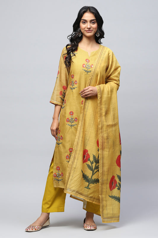 Mustard Printed Readymade Suit Set for Women with Mirror Work – Chic & Traditional