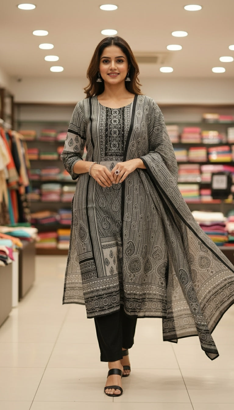 Monochrome Black & Grey Printed Suit Set with Dupatta