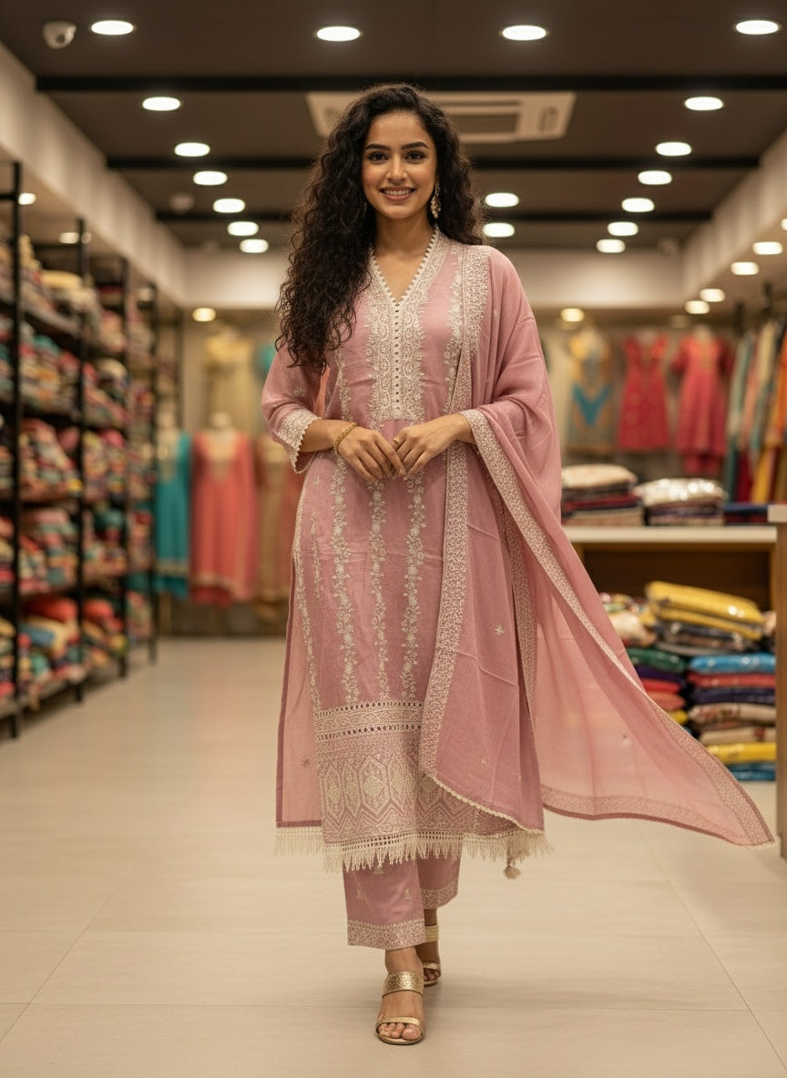 Pastel Peach Embroidered Cotton Suit Set with Dupatta