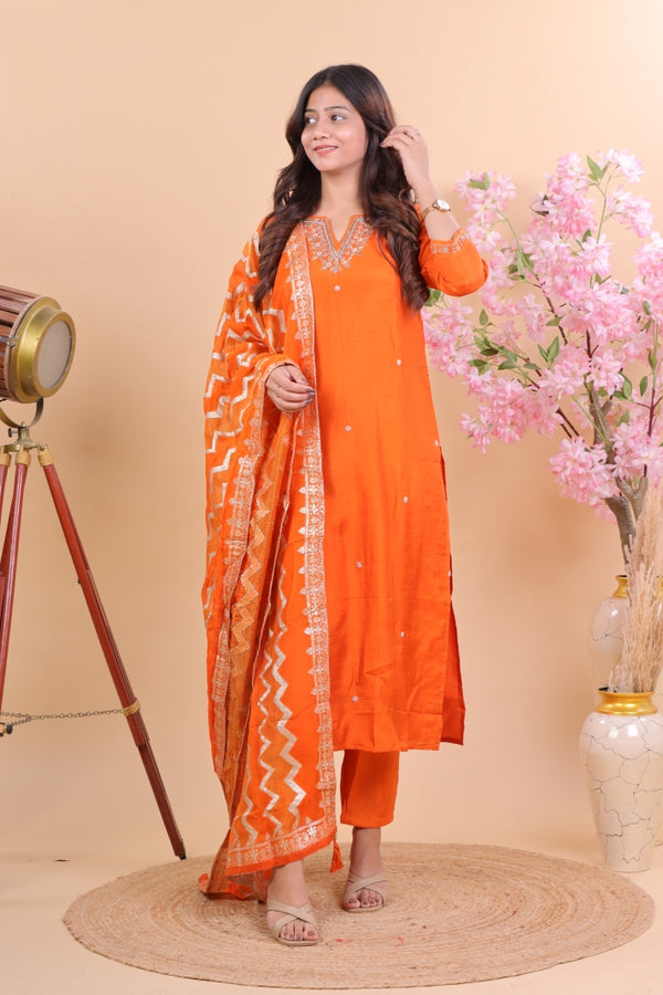 Vibrant Orange Miscos Suit Set with Embroidered Kurta & Patterned Dupatta