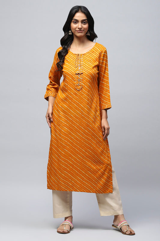 Bandhani Print Single Kurta – Straight Fit, 3/4 Sleeve, Round Neck