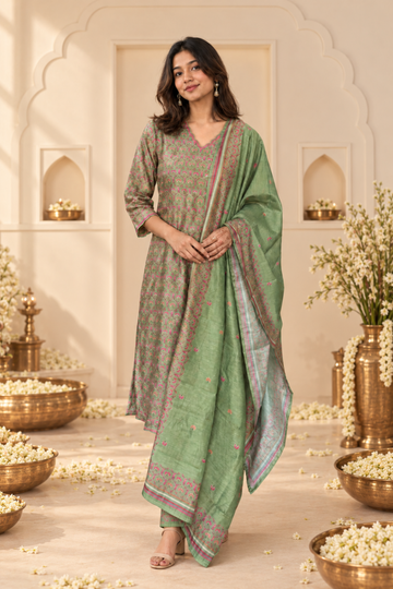 Green with chanderi fabric Floral Printed Anarkali Kurta with Dupatta