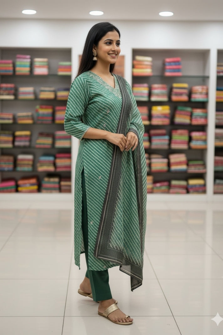 Stylish Green Striped Printed Kurta Set with Intricate Neck Detailing
