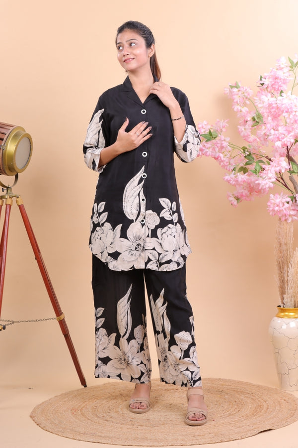 Elegant Black & White Floral Printed Co-ord Set