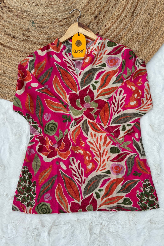 Vibrant Pink Floral Muslin Short Kurti – Bold, Breezy & Beautiful