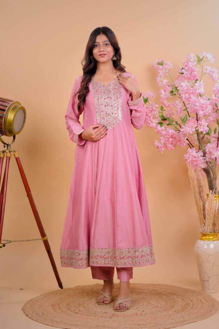 Blush Pink Silk Anarkali Suit with Intricate Zari Embroidery & Floral Dupatta