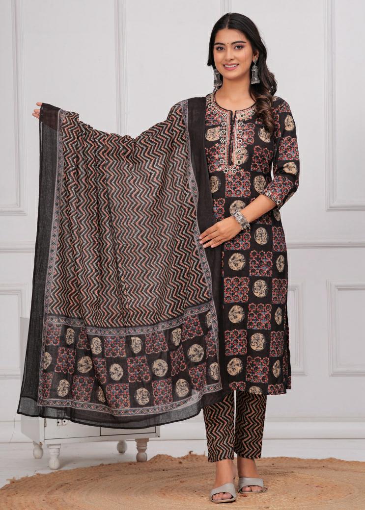 Black & Rust Geometric Print Cotton Kurta Pant Dupatta Set