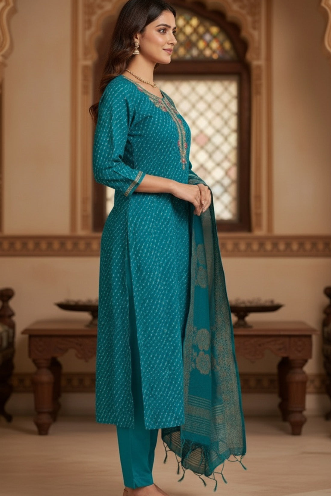 Rama Green Muslin Kurta Set with Intricate Neck Embroidery & Banarasi Dupatta