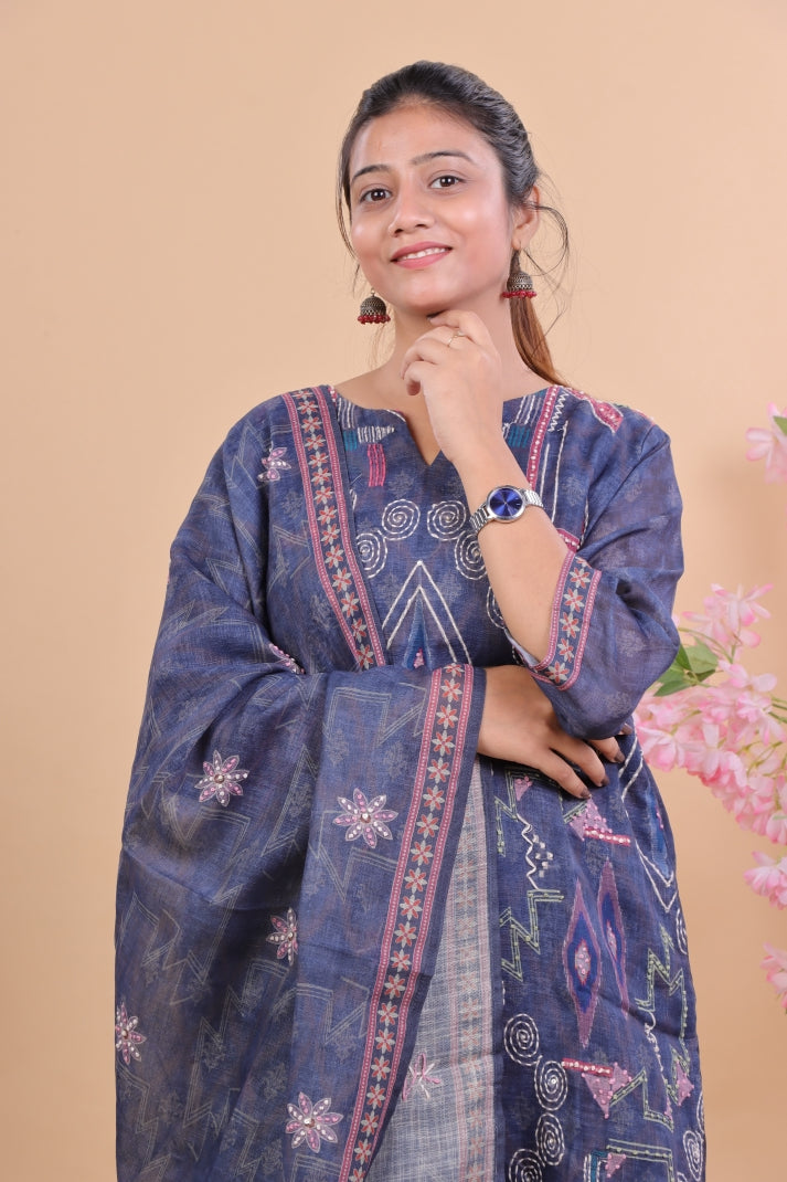 Elegant Navy Blue Cotton Embroidered Suit Set with Dupatta