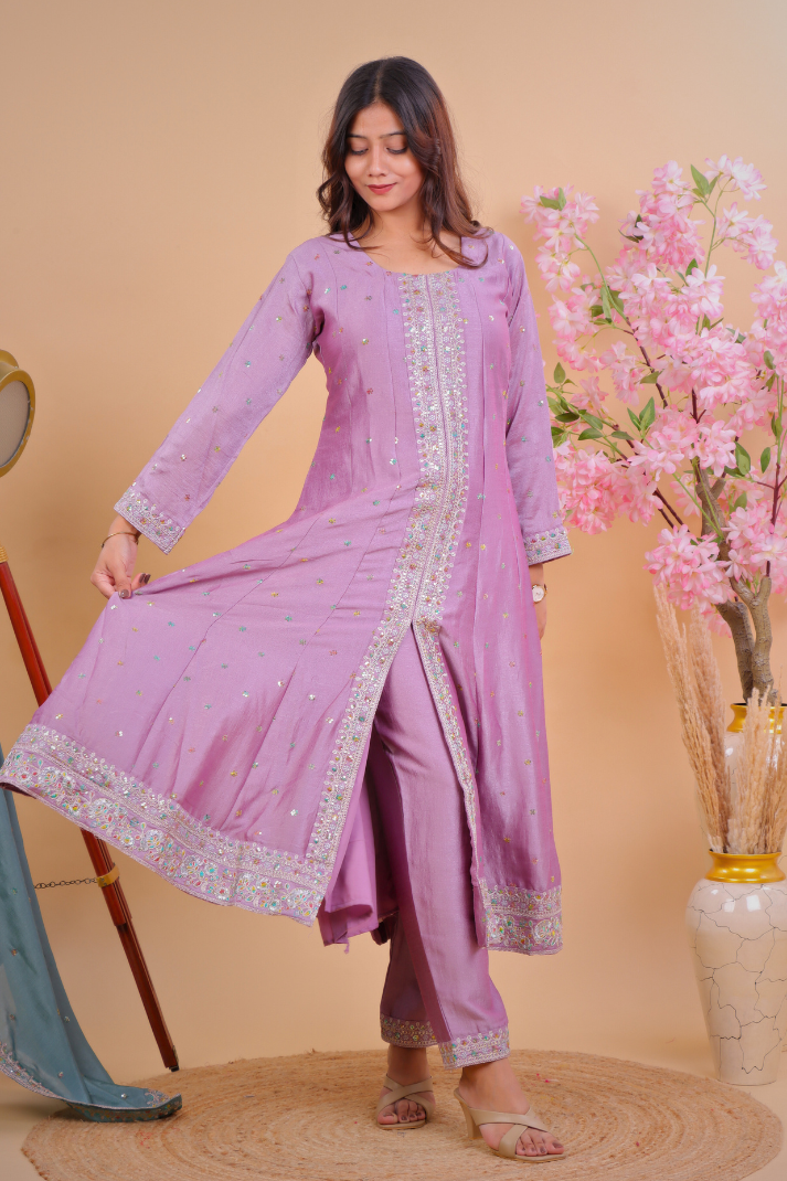 Lavender Embroidered Anarkali-Style Kurta Set with Dupatta