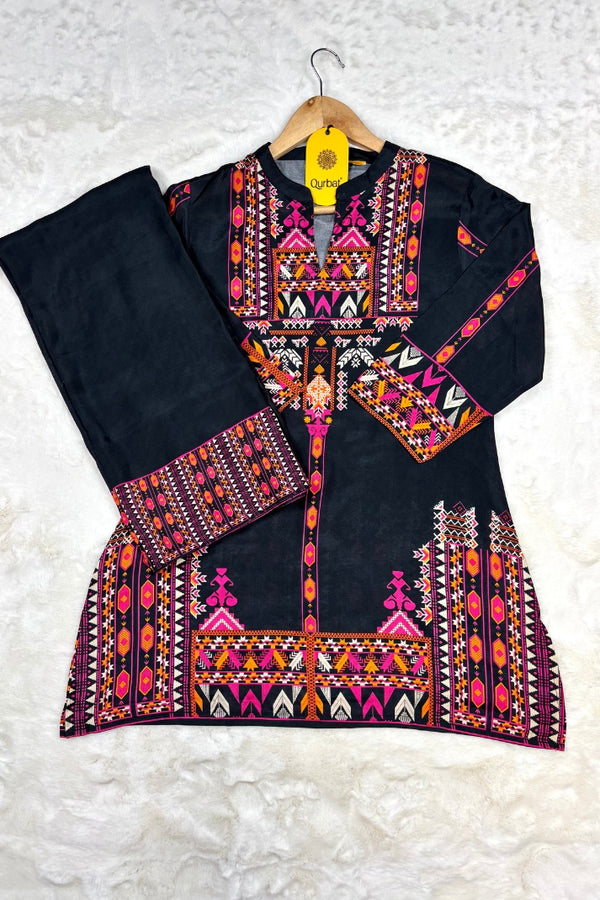 Black Muslin Co-ord Set with Multicolor Ethnic Print