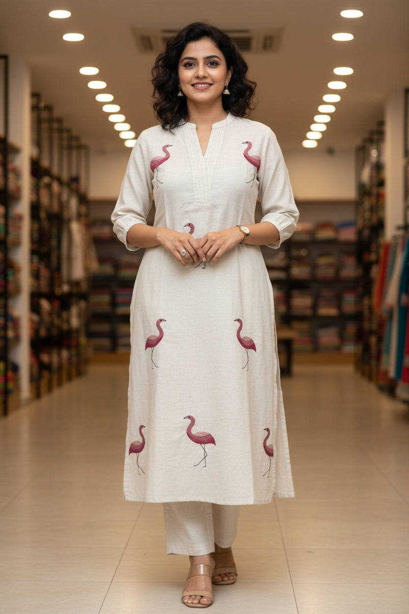 Elegant Off-White Cotton Kurta Set with Subtle Embroidery – 2 Piece Everyday Classic