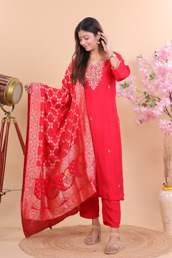Luxury Red Silk Suit with Zari Embroidery and Dupatta