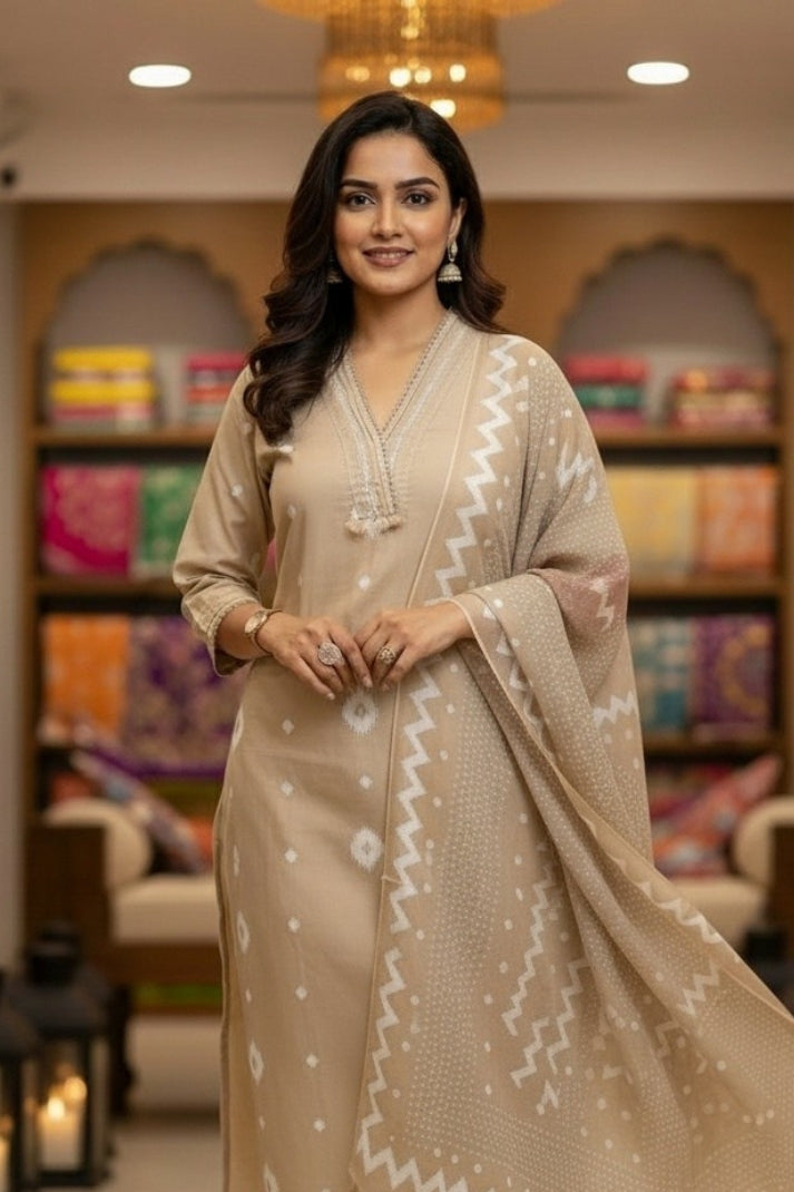 Beige Ikat Cotton Suit Set with Mulmul Dupatta – 3 Piece Elegant Ethnic Wear