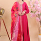 Radiant Pink Silk Anarkali Suit Set with Floral Dupatta & Intricate Embroidery