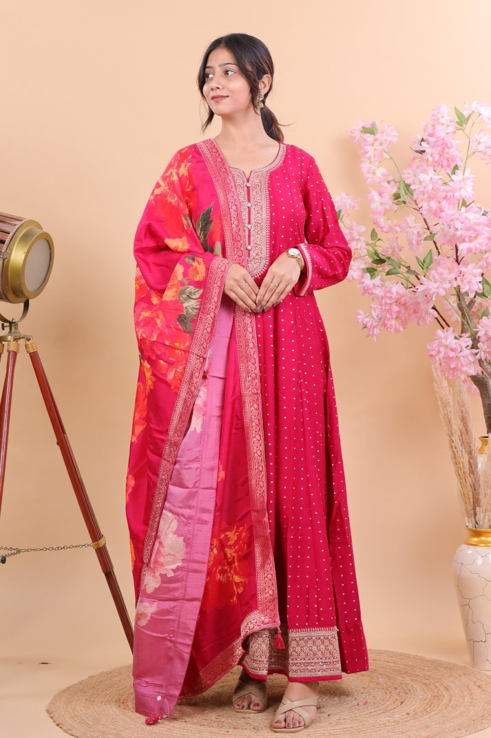 Radiant Pink Silk Anarkali Suit Set with Floral Dupatta & Intricate Embroidery