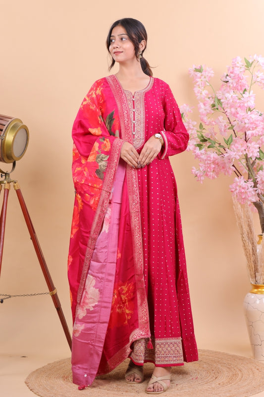 Radiant Pink Silk Anarkali Suit Set with Floral Dupatta & Intricate Embroidery