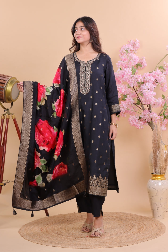 Luxury Black Miscos Kurta Set with Golden Embroidery & Printed Dupatta