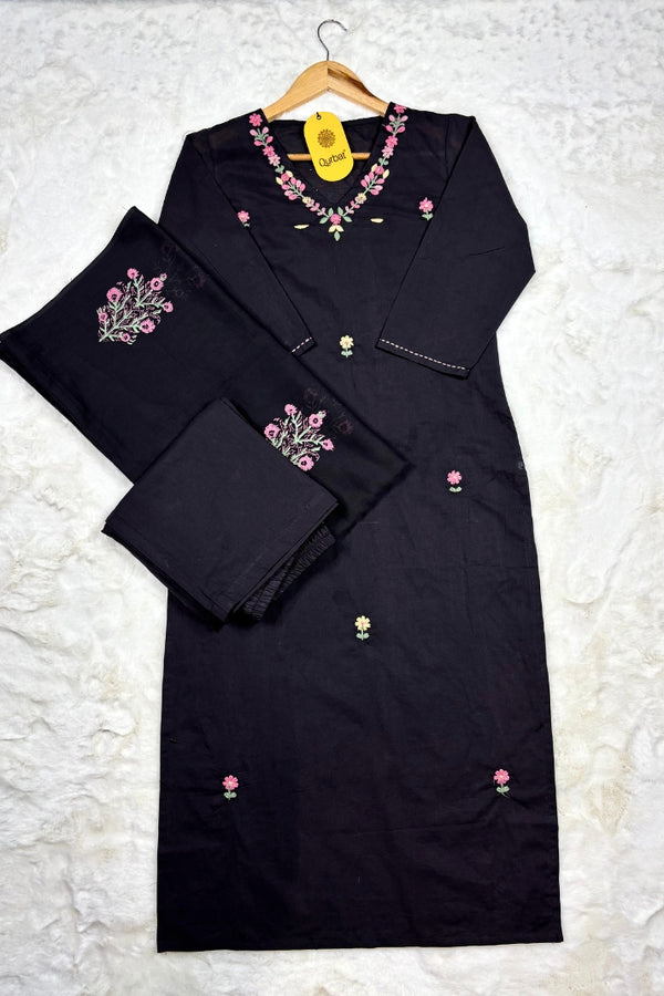 Elegant Black Cotton Embroidered 3-Piece Suit Set