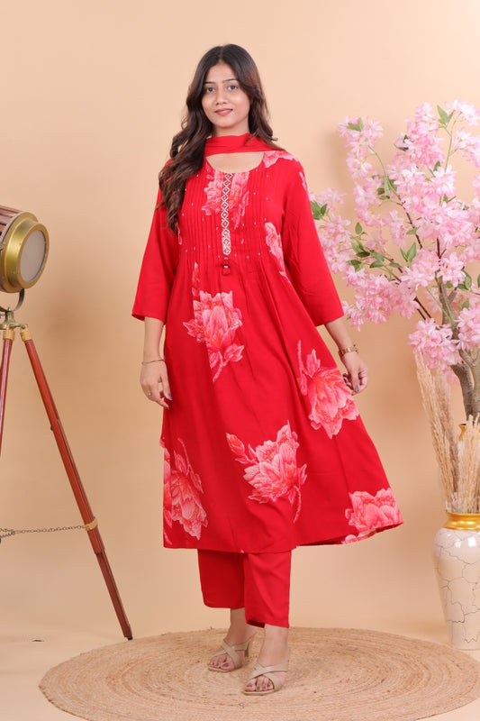 Radiant Red Rayon Floral Printed Suit Set with Dupatta