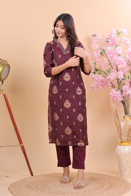 Premium Muslin Kurta & Pant Set in Wine Shade