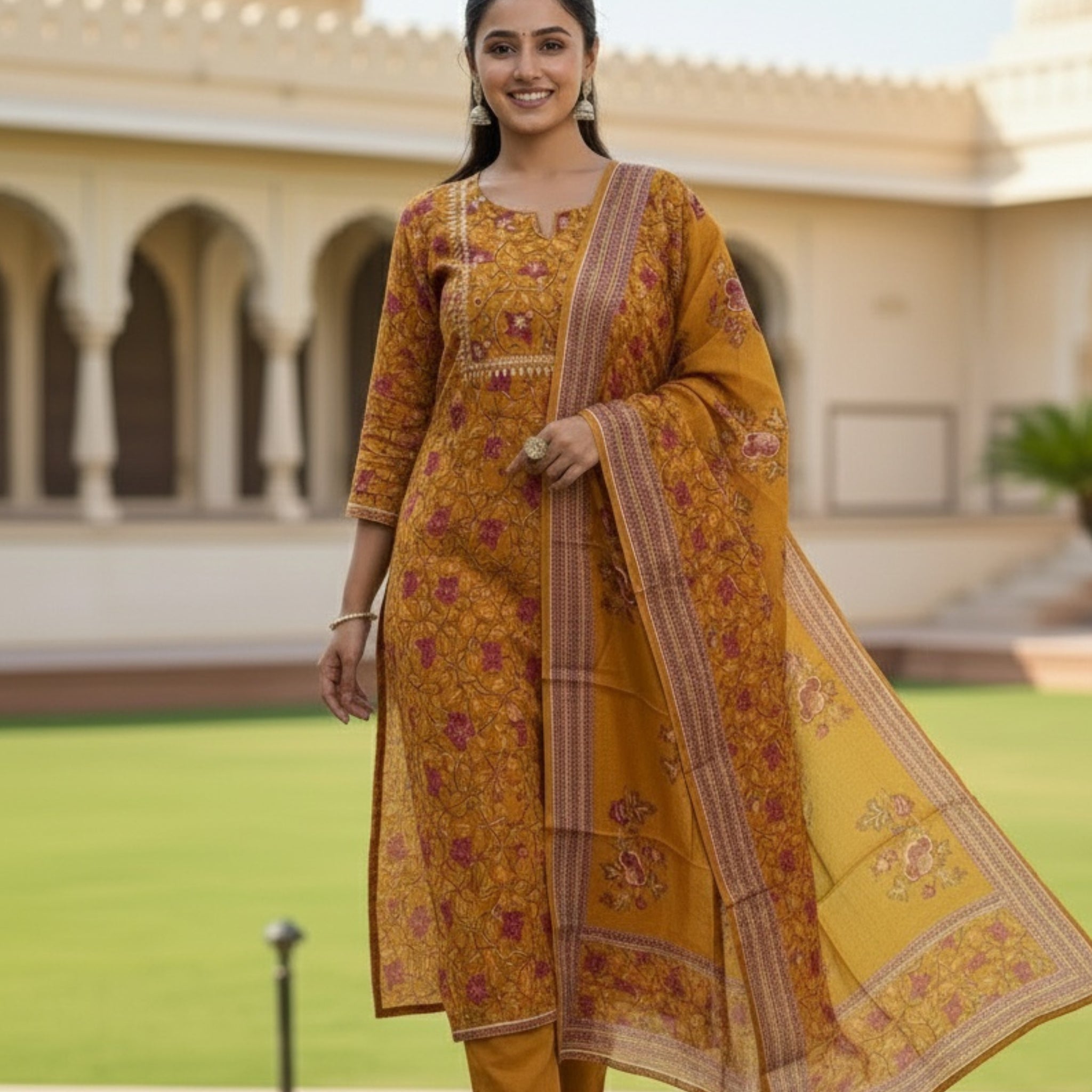 Premium Mustard Yellow Chanderi Ethnic Suit Set with Printed Dupatta