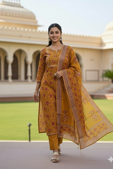 Premium Mustard Yellow Chanderi Ethnic Suit Set with Printed Dupatta