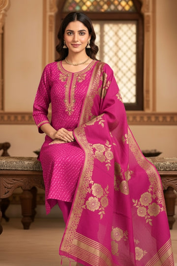 Rani Muslin Kurta Set with Intricate Neck Embroidery & Banarasi Dupatta
