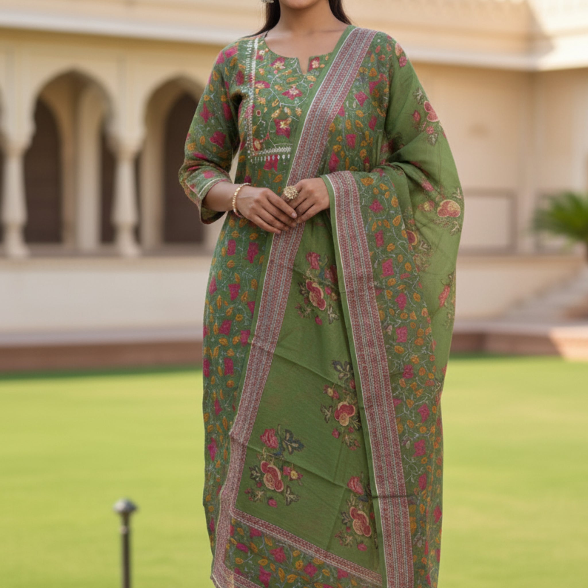 Premium Green Chanderi Ethnic Suit Set with Printed Dupatta
