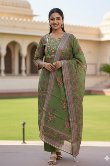 Premium Green Chanderi Ethnic Suit Set with Printed Dupatta